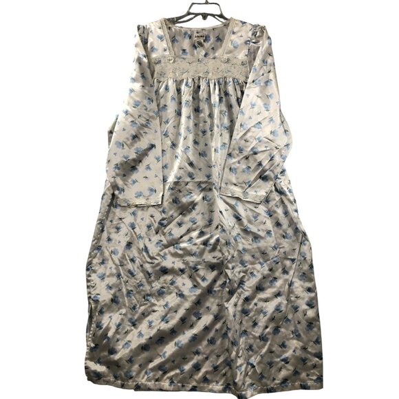 Nightgown Delicates Large Satin White Blue Floral Lace Tradwife Vtg Cottagecore - Picture 1 of 9